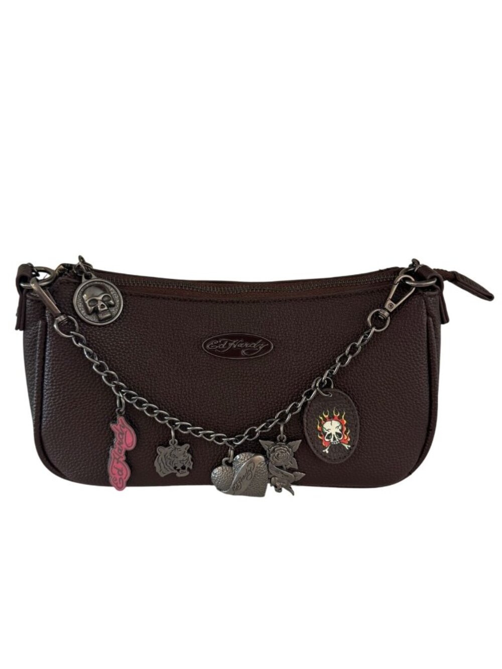 Ed Hardy Brown Faux Leather Crossbody Bag With Charms And Chain Details